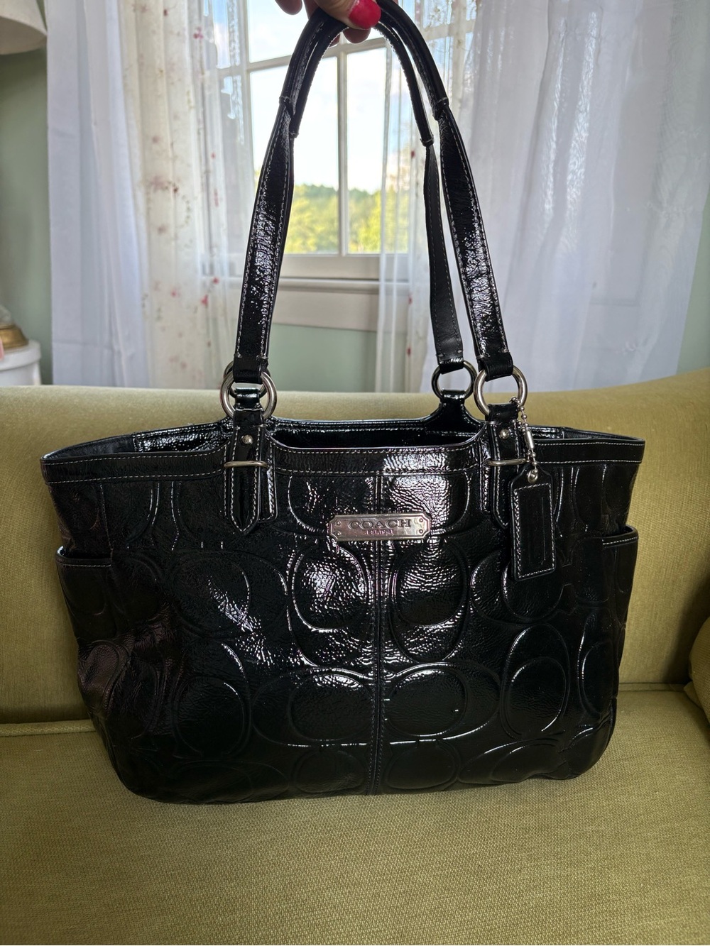 Coach Black Patent Leather Signature Tote with Silver Hardware